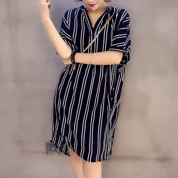 The Addison Black and White Striped Shirt Dress - Picture 2 of 8